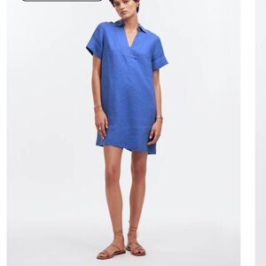 NWT Madewell V-Neck Mini Dress in 100% Linen XS Blue Star